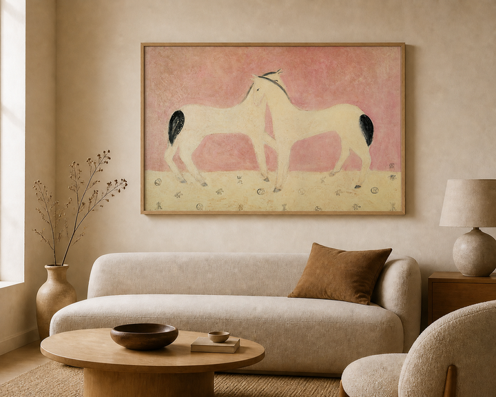 Two Horses by Sanyu framed wall art print edge to edge in a living room