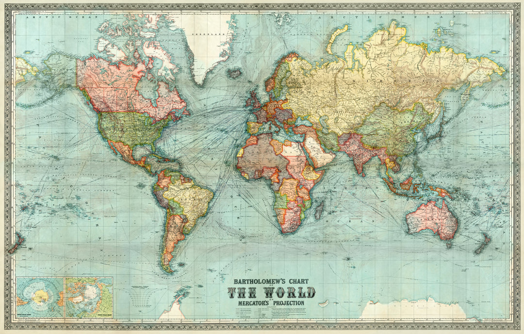 Bartholomew's Chart of the World on Mercator's Projection by John Bartholomew and Son, customizable wall art print from 905Print