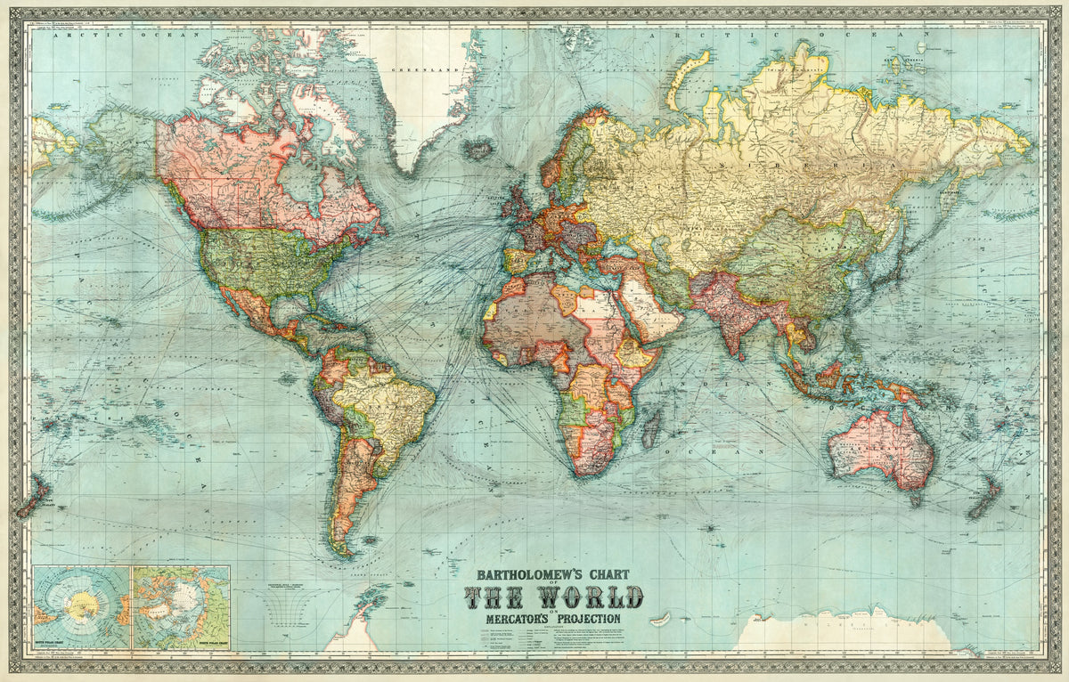 Bartholomew's Chart of the World on Mercator's Projection by John Bartholomew and Son, customizable wall art print from 905Print