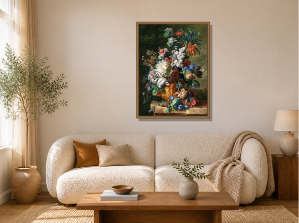 Bouquet of Flowers in an Urn by Jan van Huysum framed wall art print in a living room
