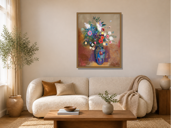 Bouquet of Flowers by Odilon Redon framed wall art print in a living room