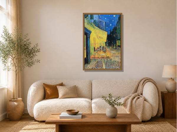 Café Terrace at Night by Vincent van Gogh framed wall art print in a living room