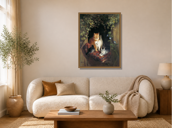 Cat with Kittens by Henriette Ronner-Knip framed wall art print in a living room
