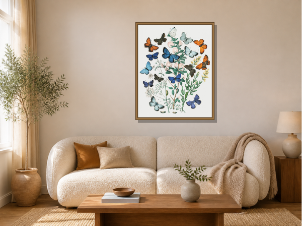 European Butterflies and Moths framed wall art print in a living room