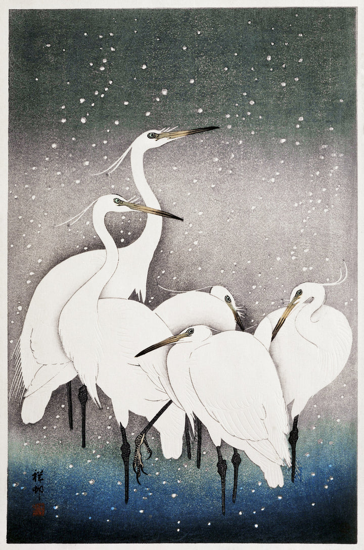 Group of Egrets in Snow by Ohara Koson, customizable wall art print from 905Print