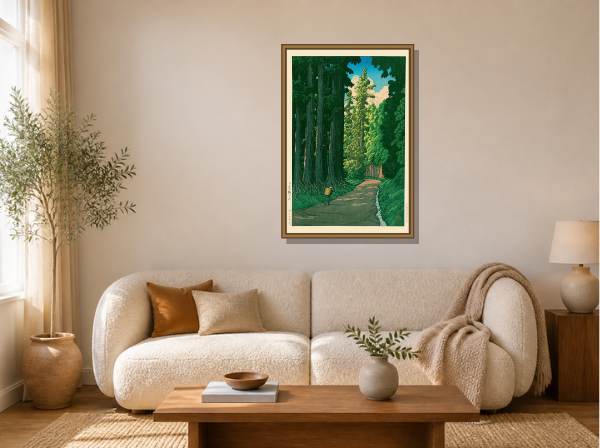 Road to Nikko by Kawase Hasui framed wall art print in a living room