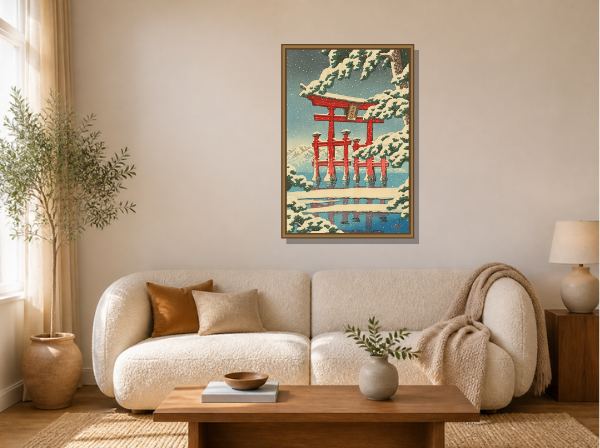 Snow at Miyajima by Kawase Hasui framed wall art print in a living room