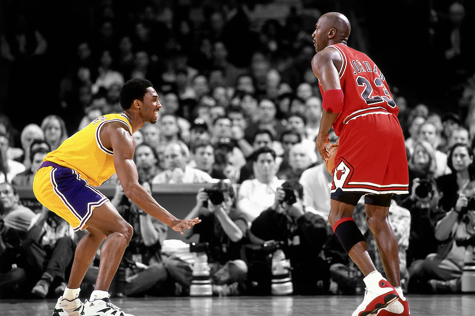 Kobe Bryant defends against Michael Jordan wall art print from 905Print
