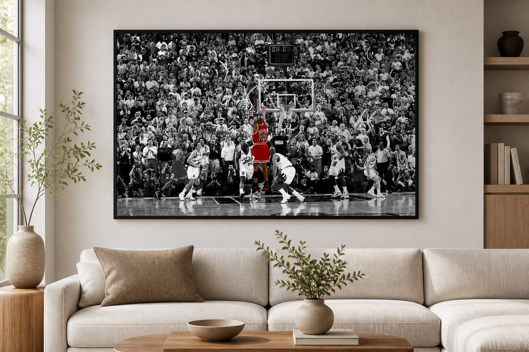 Michael Jordan last shot framed wall art print in a living room