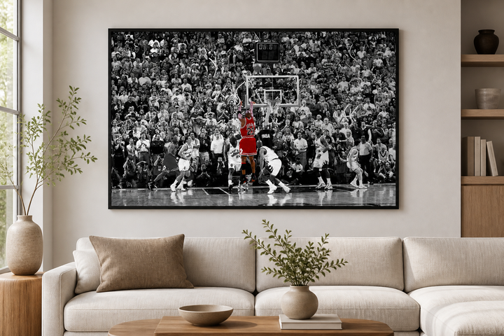 Michael Jordan last shot framed wall art print in a living room