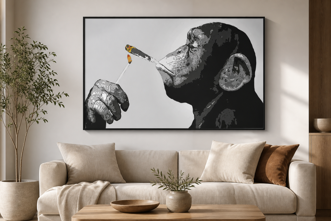 Monkey Chimp Smoking Spliff framed wall art print in a living room