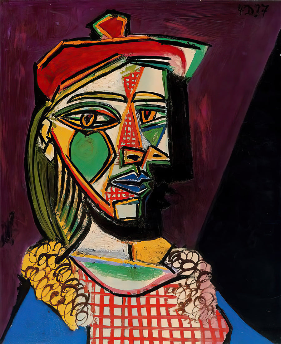 Woman In Beret And Checked Dress by Pablo Picasso wall art print from 905Print