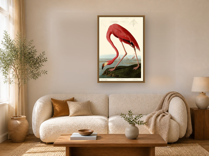 American Flamingo framed wall art print in a living room