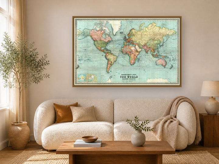Bartholomew's Chart of the World framed wall art print in a real living room