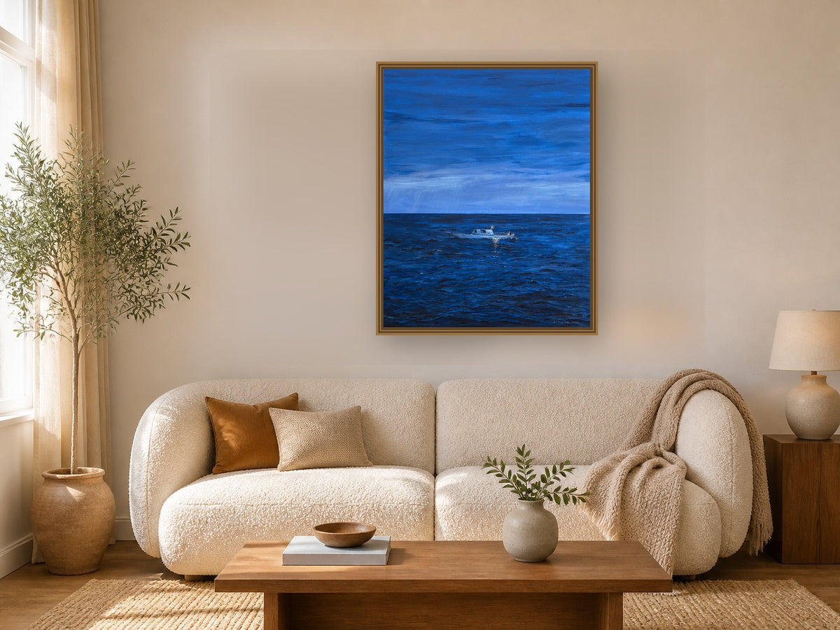 Blue Crossing by Manghuan Li framed wall art print in a living room