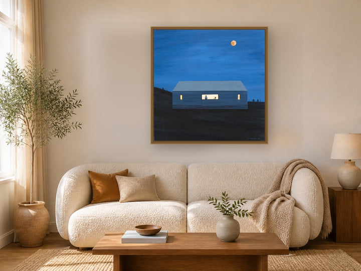 Blue House at Night by Manghuan Li framed wall art print in a living room