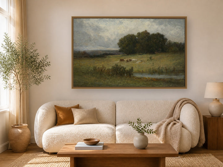 Bright Scene of Cattle near Stream framed wall art print in a real living room