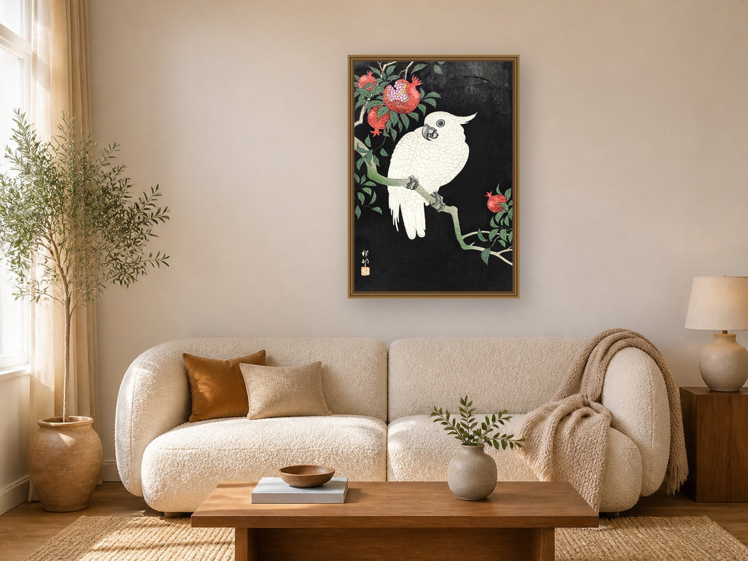 Cockatoo and Pomegranate framed wall art print in a real living room