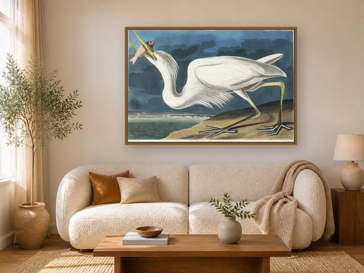 Great White Heron framed wall art print in a real living room