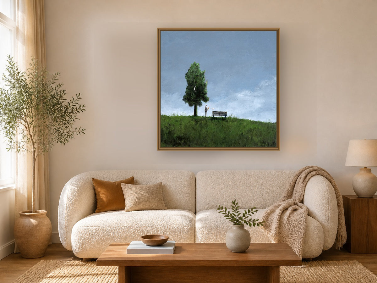 Hilltop Bench by Manghuan Li framed wall art print in a living room