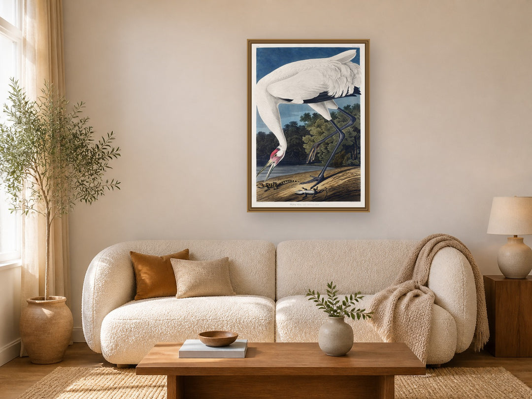 Hooping Crane framed wall art print in a real living room