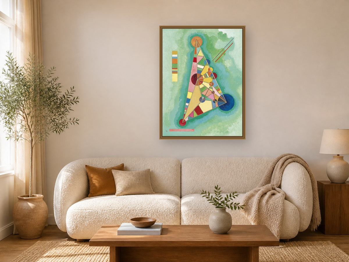 Multi Colored Triangle framed wall art print in a real living room