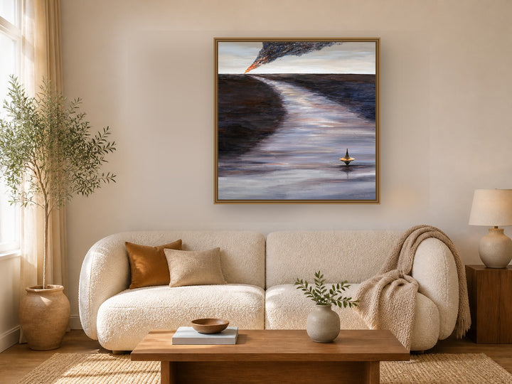 Shoreline Boat by Manghuan Li framed wall art print in a living room