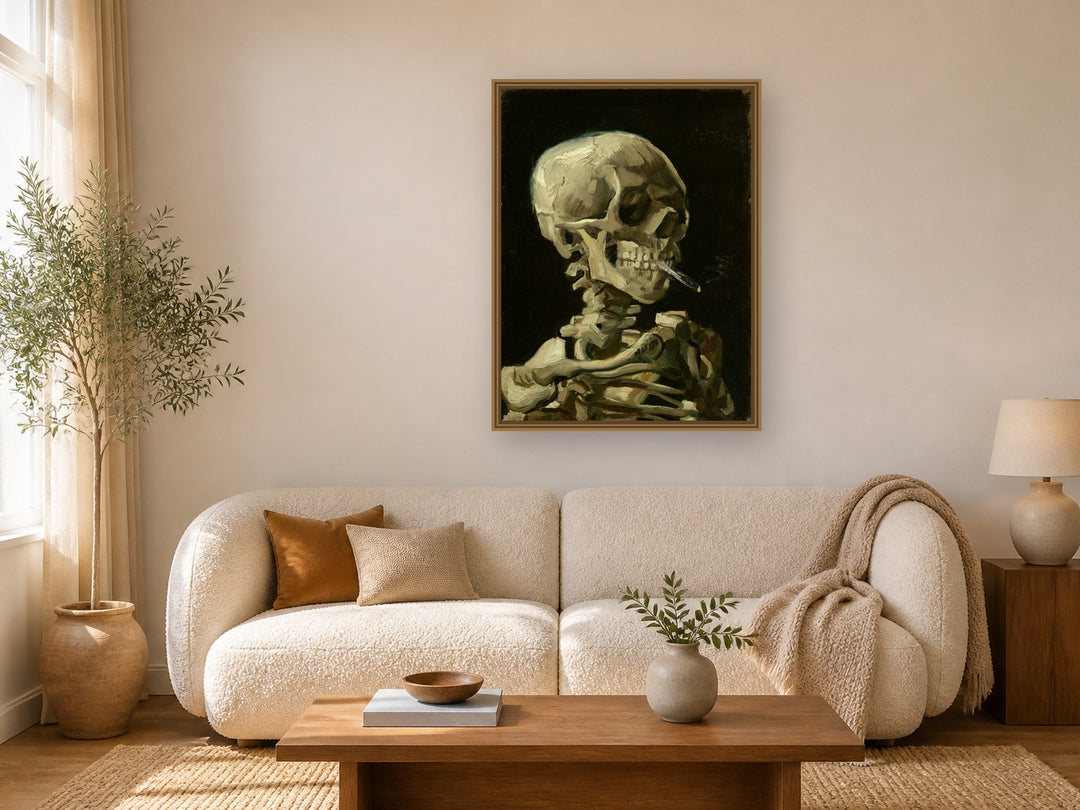 Skull of a Skeleton with Burning Cigarette framed wall art print in a real living room