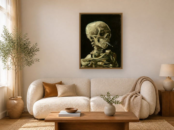 Skull of a Skeleton with Burning Cigarette framed wall art print in a real living room