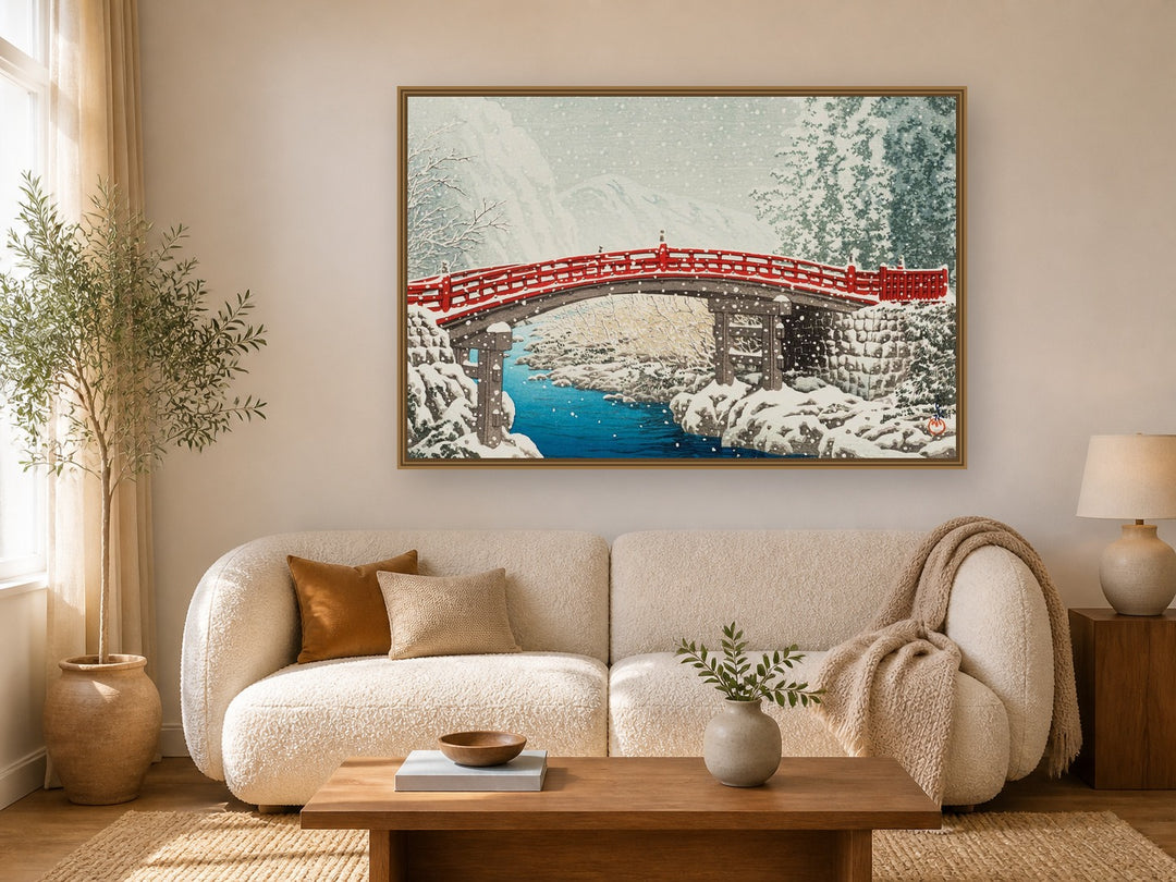 Snow at Shinkyo Bridge, Nikko framed wall art print in a real living room