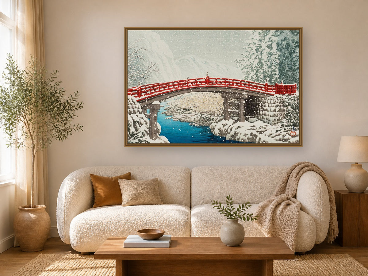 Snow at Shinkyo Bridge, Nikko framed wall art print in a real living room