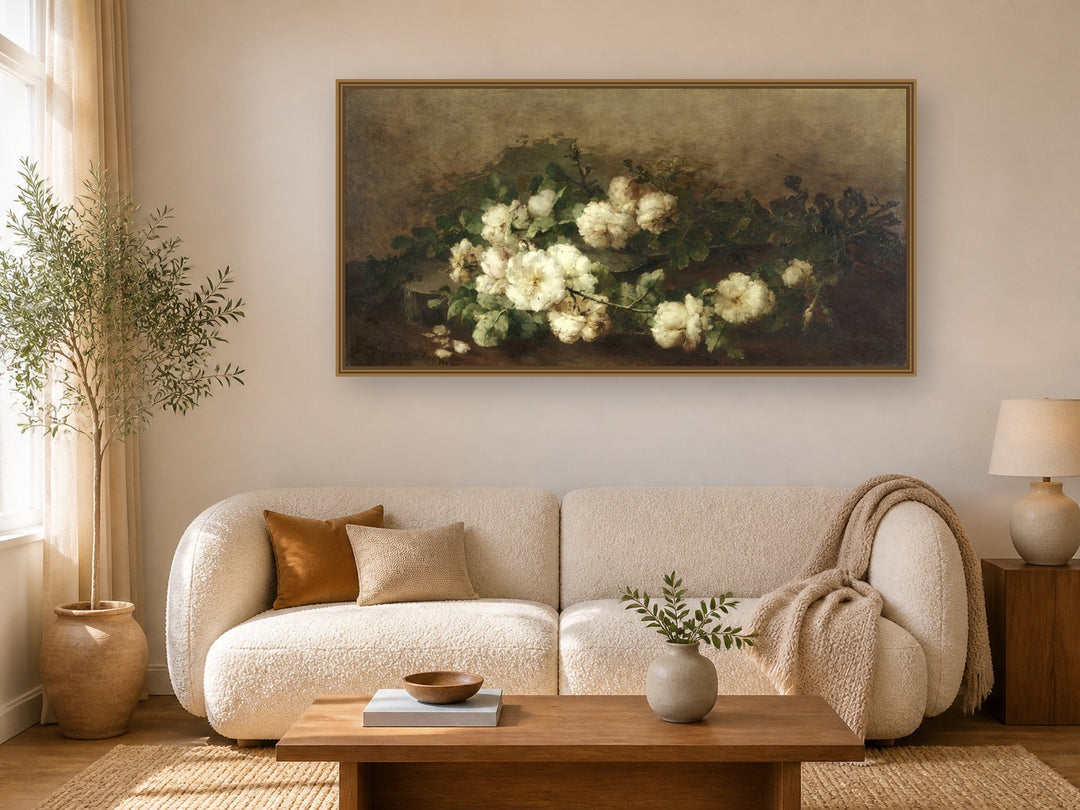 Still Life with Guitar and Roses framed wall art print in a real living room