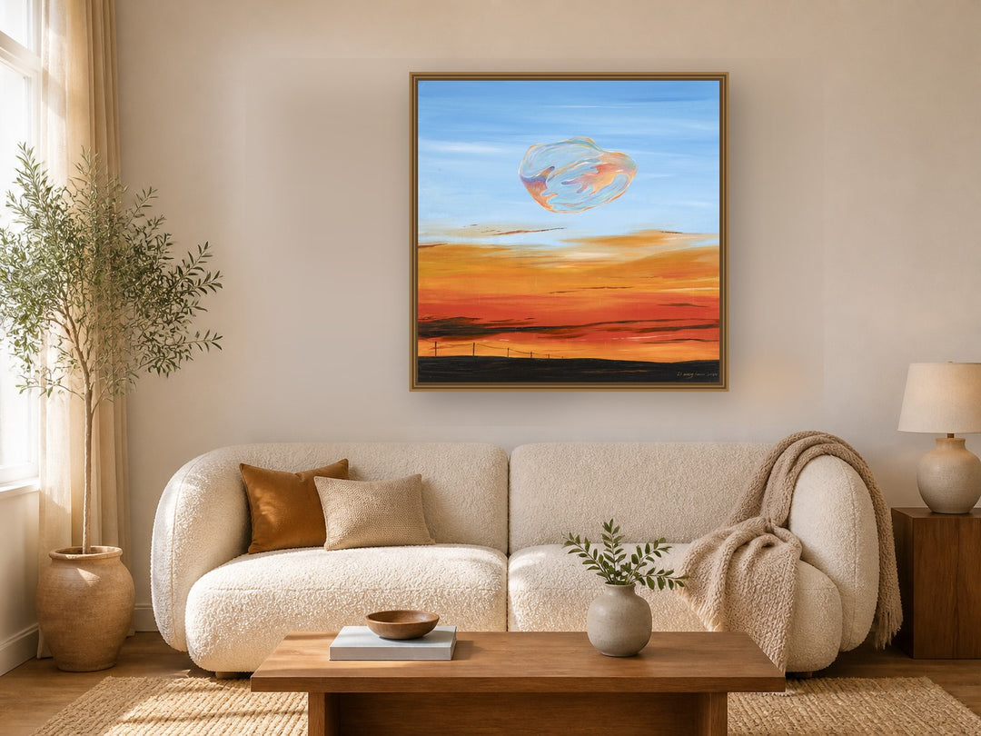 Suspended Cloud by Manghuan Li framed wall art print in a living room