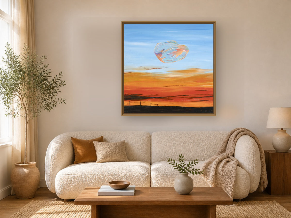 Suspended Cloud by Manghuan Li framed wall art print in a living room