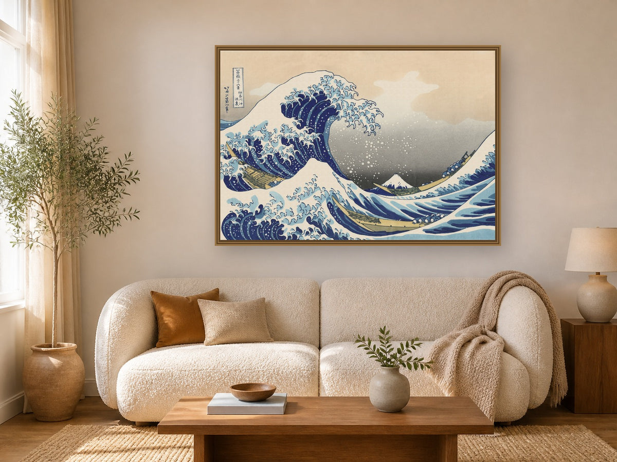 The Great Wave off Kanagawa framed wall art print in a real living room
