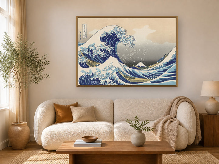 The Great Wave off Kanagawa framed wall art print in a real living room