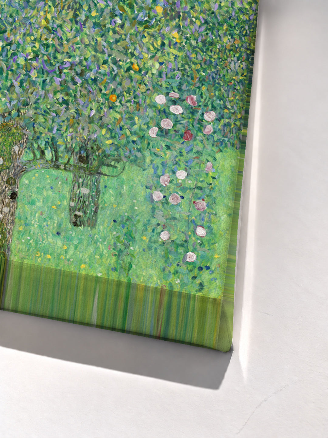 Rosebushes under the Trees by Gustav Klimt stretched canvas corner detail