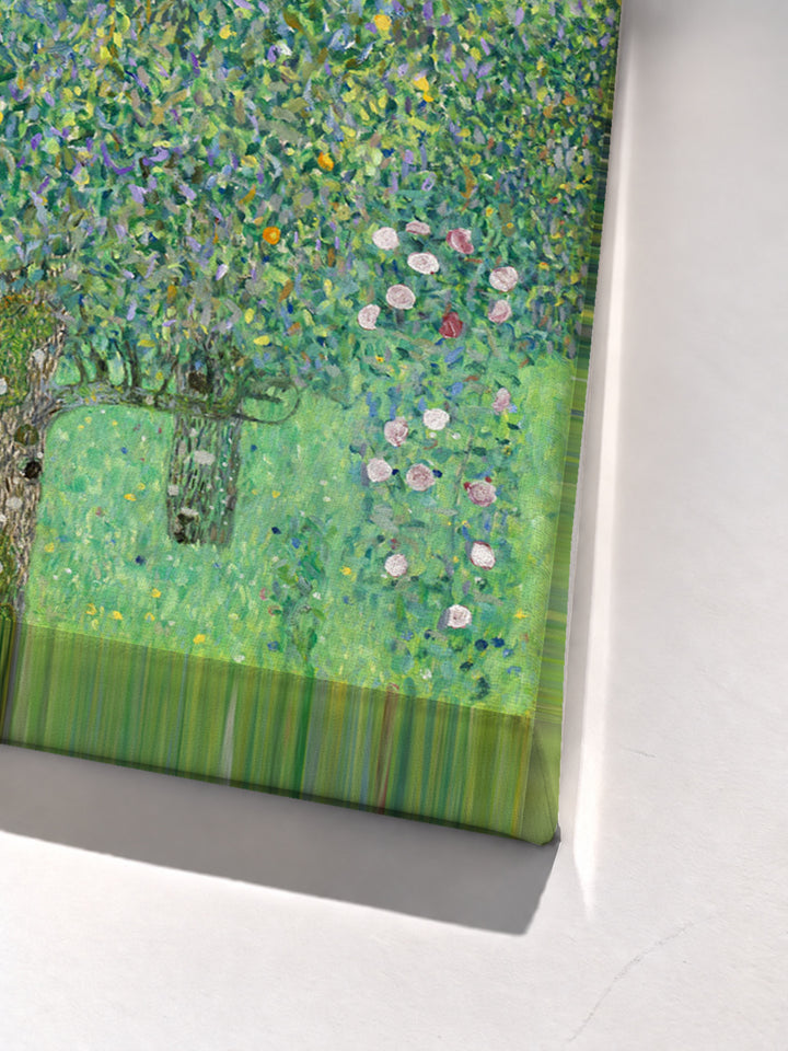 Rosebushes under the Trees by Gustav Klimt stretched canvas corner detail