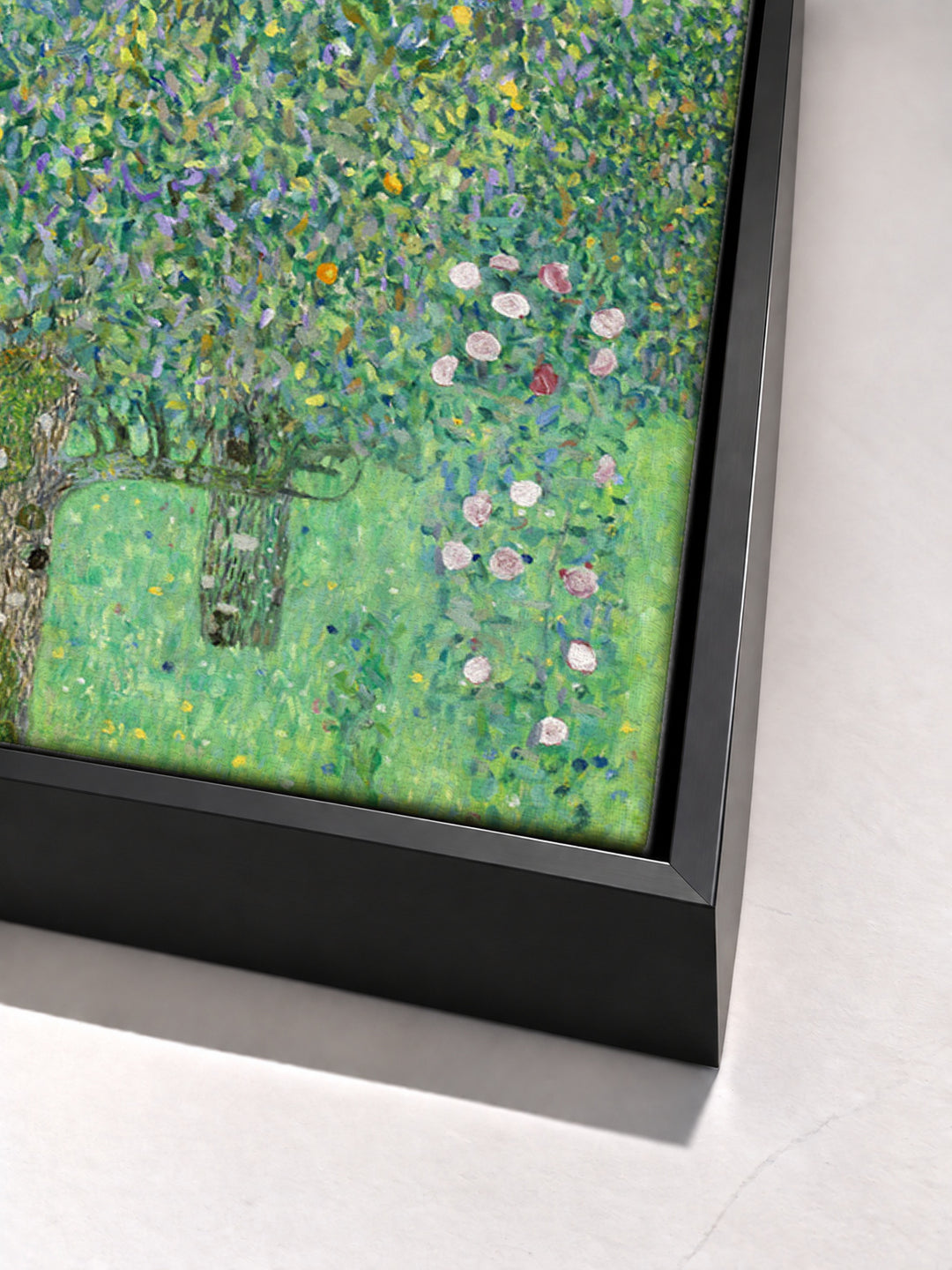 Rosebushes under the Trees by Gustav Klimt black floater frame corner detail