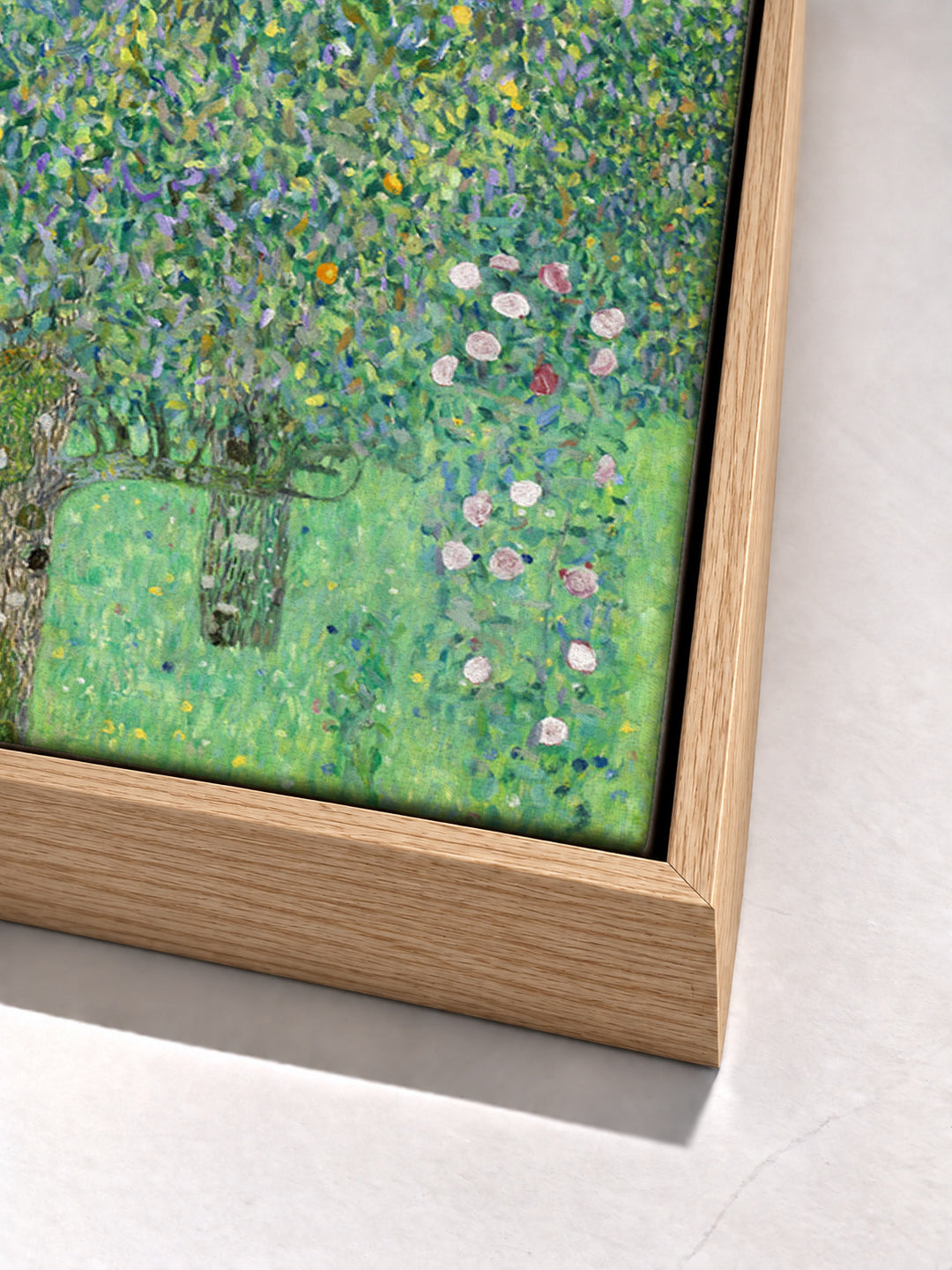Rosebushes under the Trees by Gustav Klimt oak floater frame corner detail