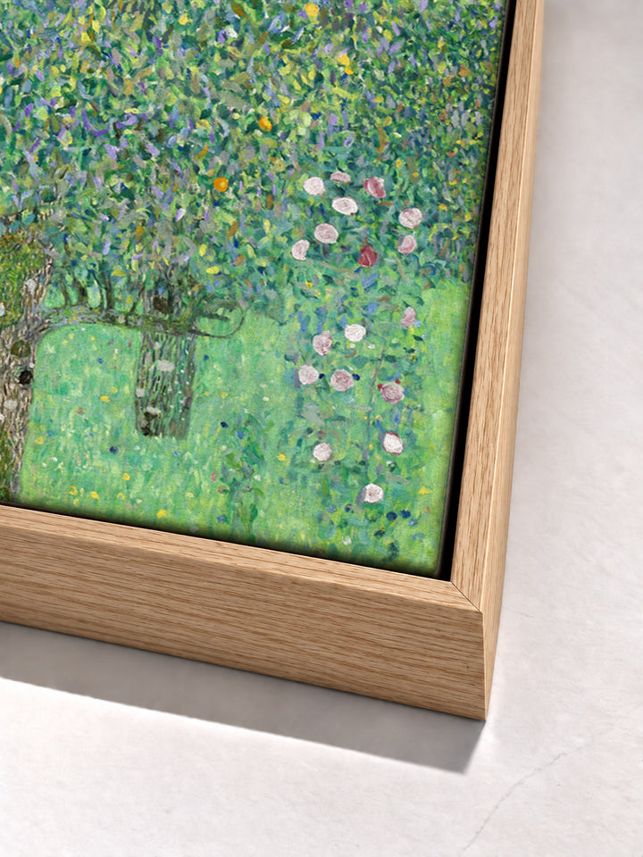 Rosebushes under the Trees by Gustav Klimt oak floater frame corner detail