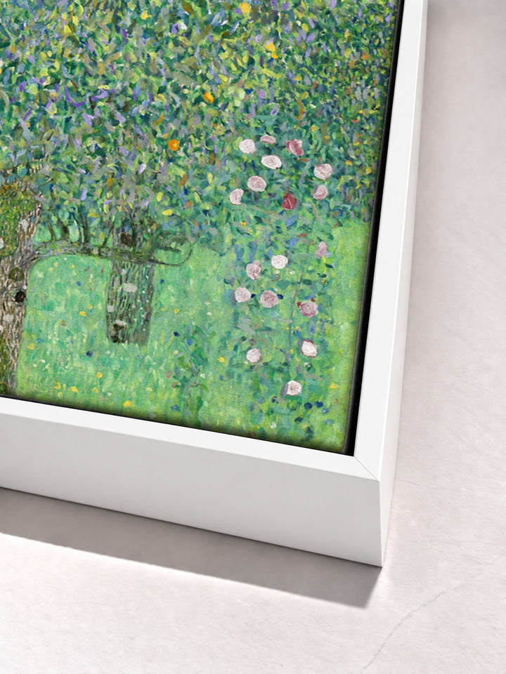 Rosebushes under the Trees by Gustav Klimt white floater frame corner detail