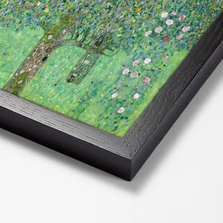 Rosebushes under the Trees by Gustav Klimt black stock paper frame corner detail