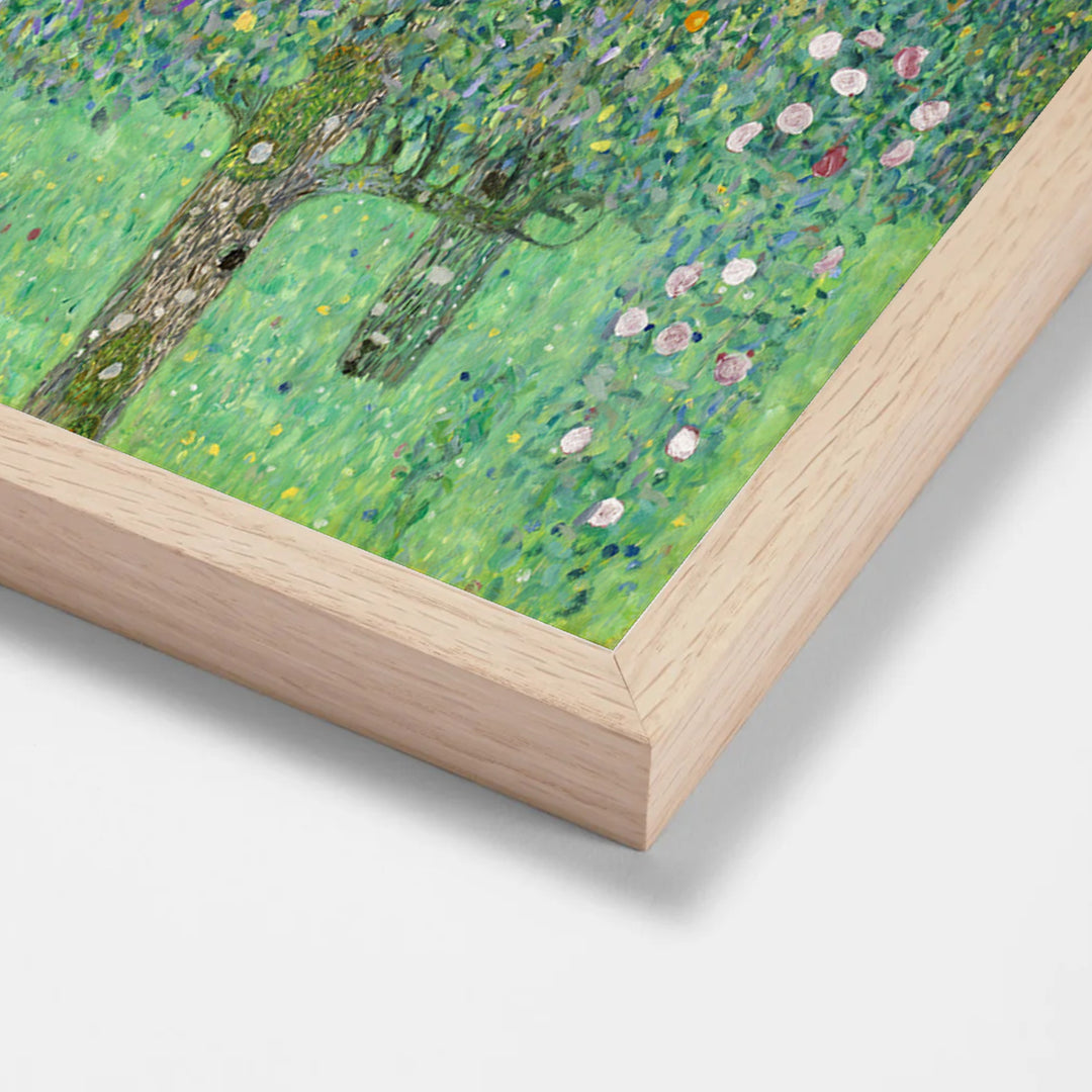 Rosebushes under the Trees by Gustav Klimt oak stock paper frame corner detail
