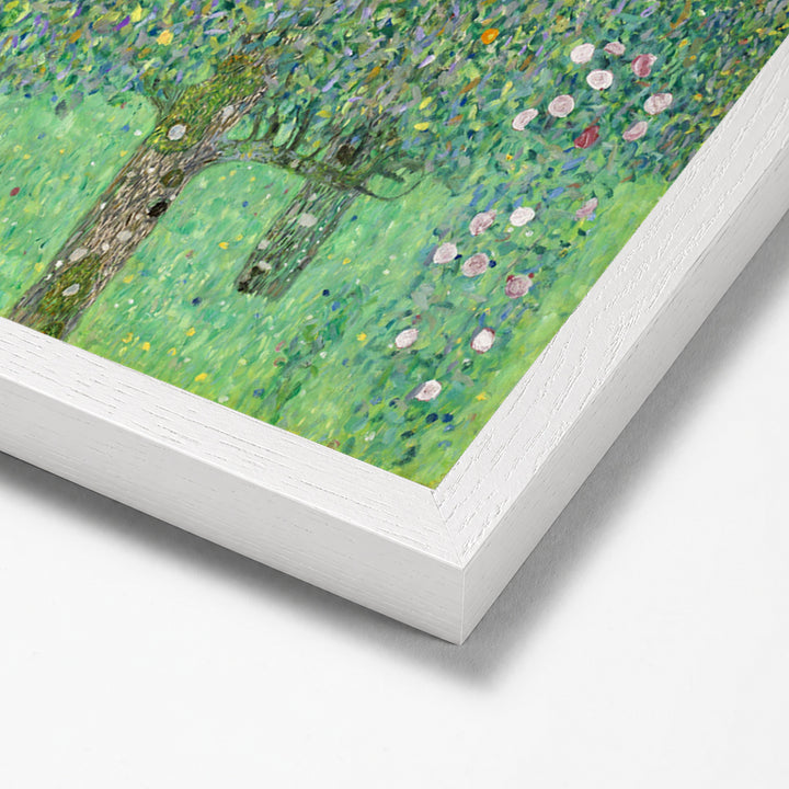 Rosebushes under the Trees by Gustav Klimt white stock paper frame corner detail