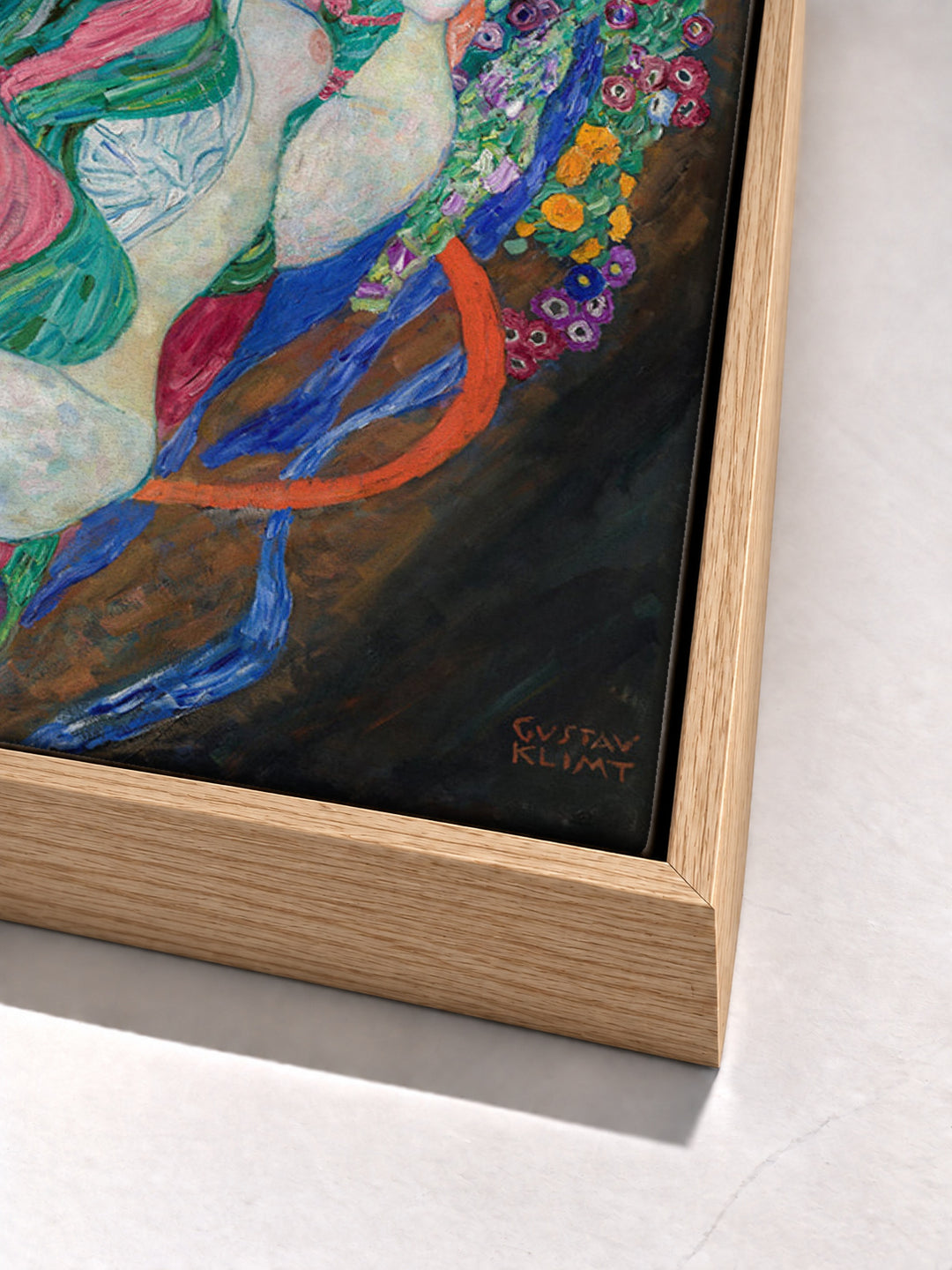 The Virgin by Gustav Klimt oak floater frame corner detail
