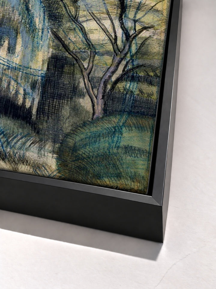 Trees in Bird Garden, Iver Heath by Paul Nash black floater frame corner detail