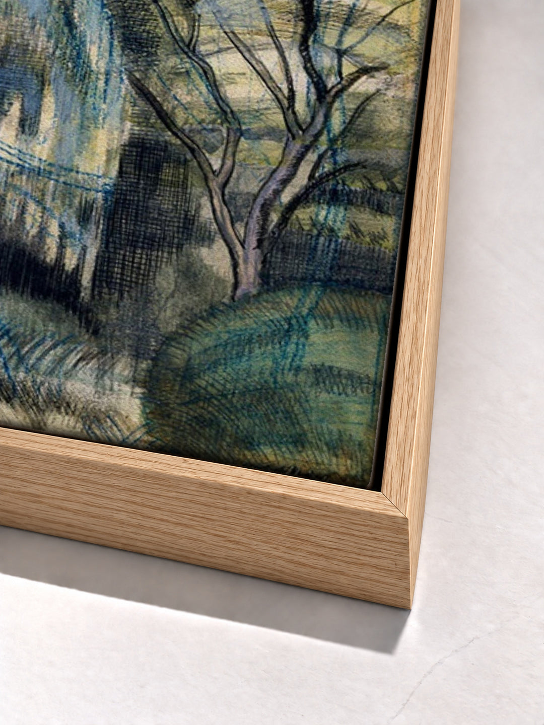 Trees in Bird Garden, Iver Heath by Paul Nash oak floater frame corner detail