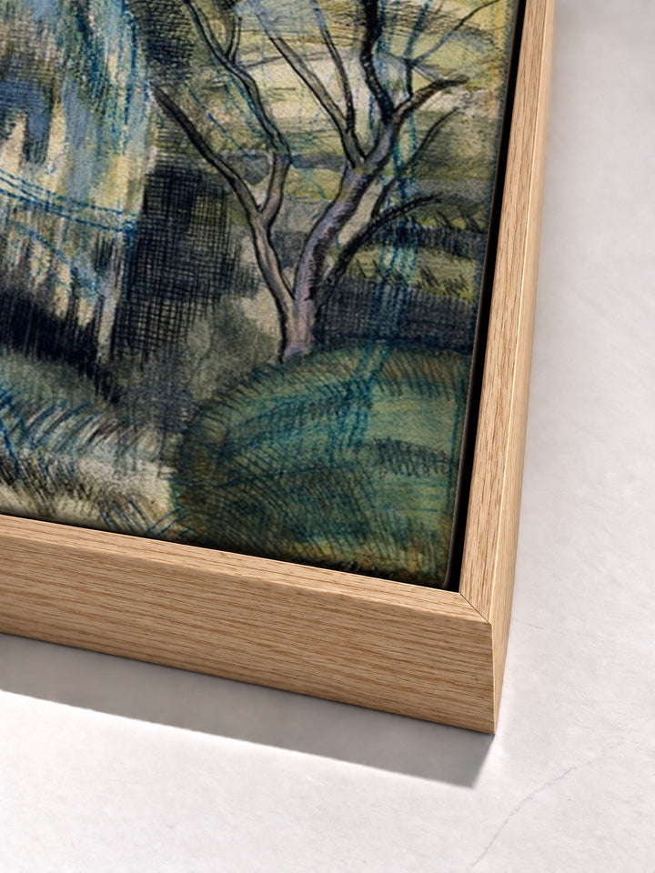 Trees in Bird Garden, Iver Heath by Paul Nash oak floater frame corner detail