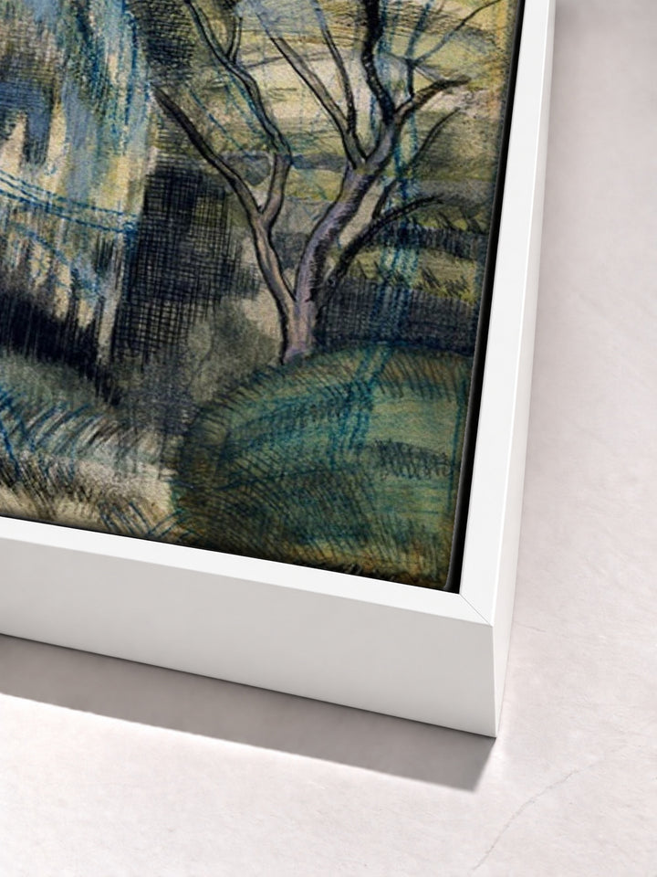 Trees in Bird Garden, Iver Heath by Paul Nash white floater frame corner detail